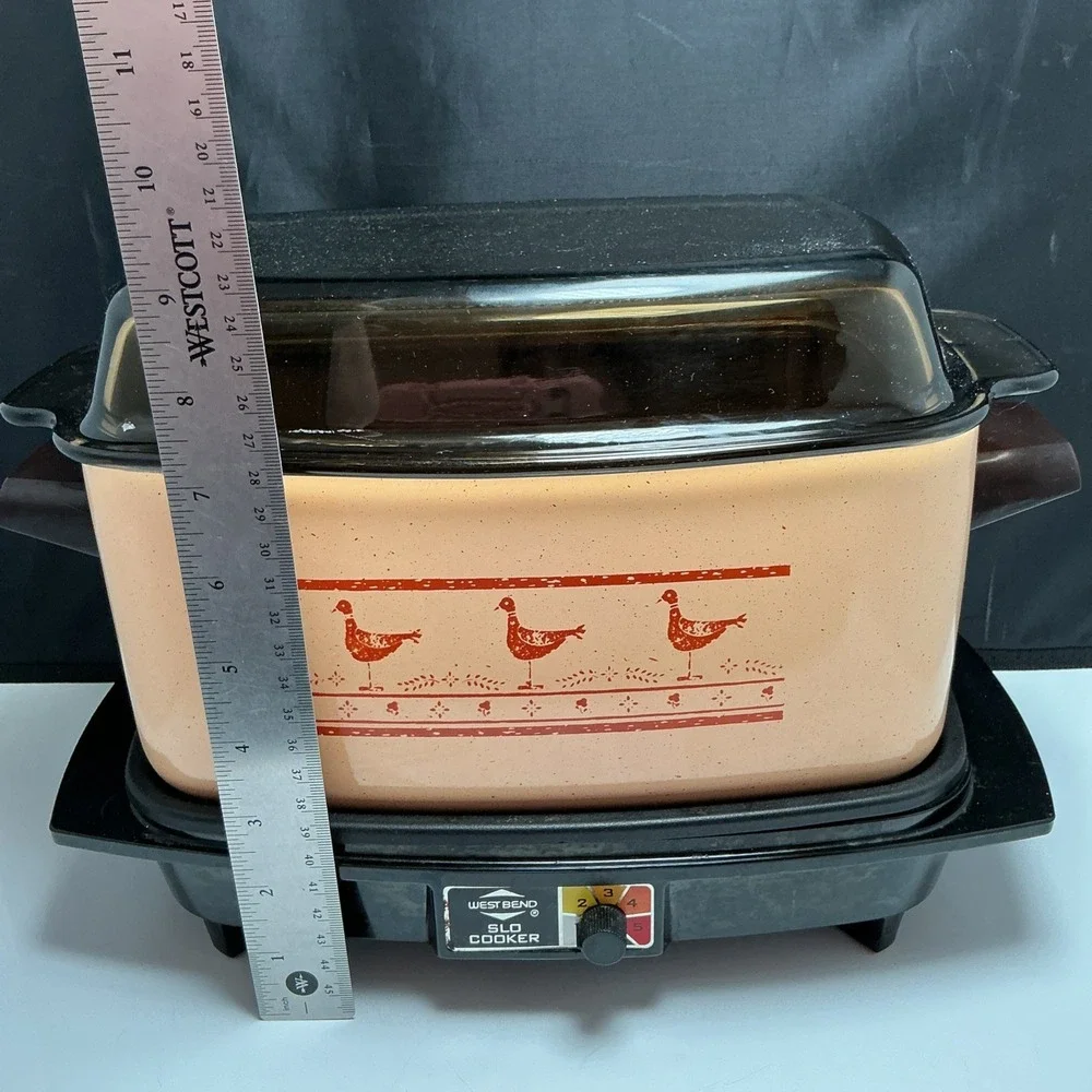 Vtg West Bend 6 Qt Slow Cooker Griddle Amber Glass Lid Chicken Rooster Tested